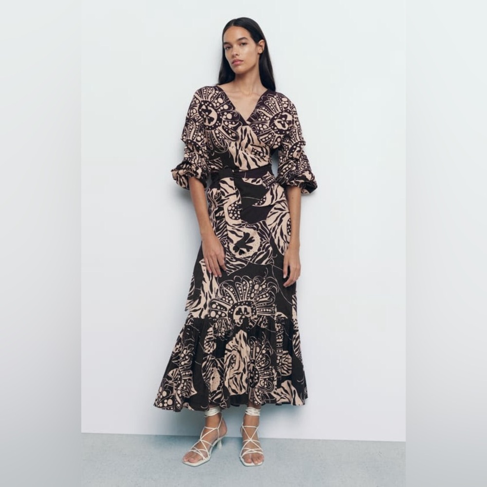 Zara Linen Blend Long Printed Skirt and Wrap Shirt Set